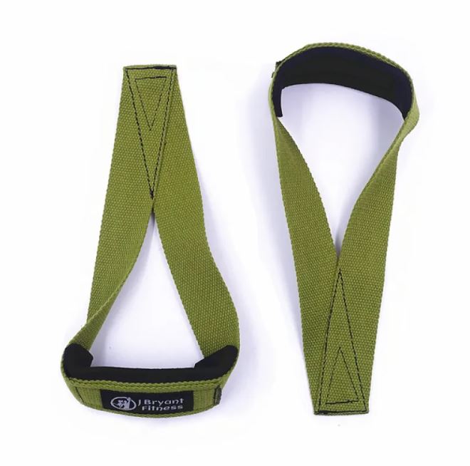 Sangles de fitness à renfort, vert olive, boucle noire et logo sur le bandeau.
