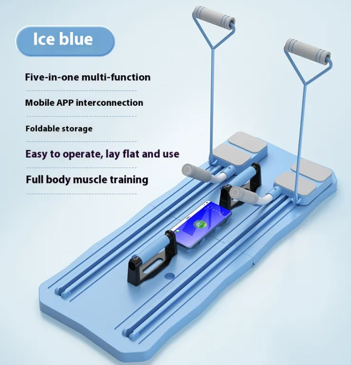 Rouleau d’abdominaux pliable bleu, disposition des poignées et supports sur une longue base