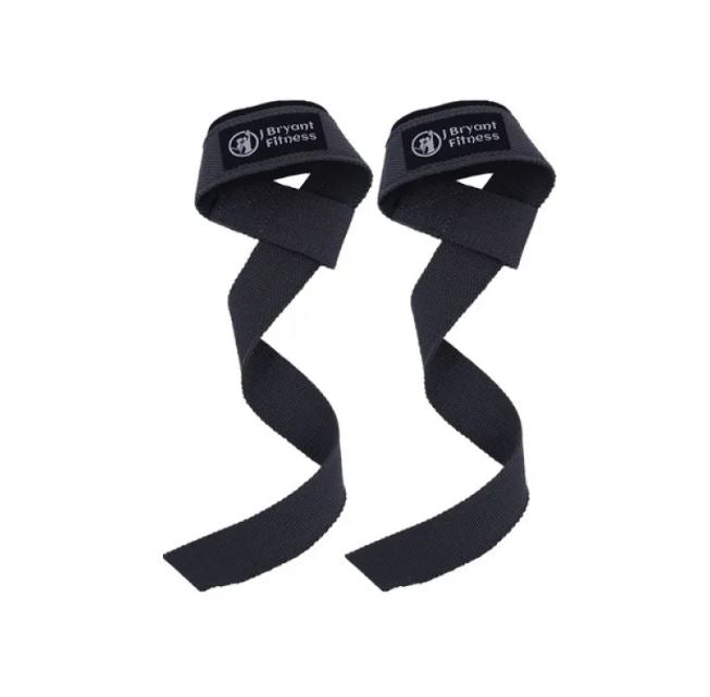 Sangles de fitness noires, paire avec bandes torsadées, boucle supérieure et logo.