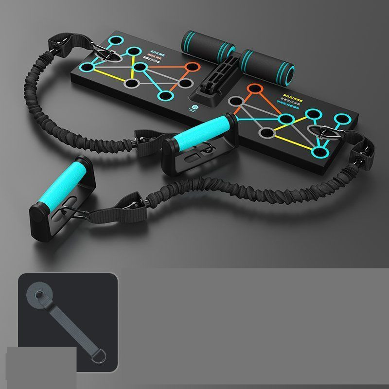 Plateau de pompes noir avec bandes élastiques noires et poignées turquoise, position dépliée
