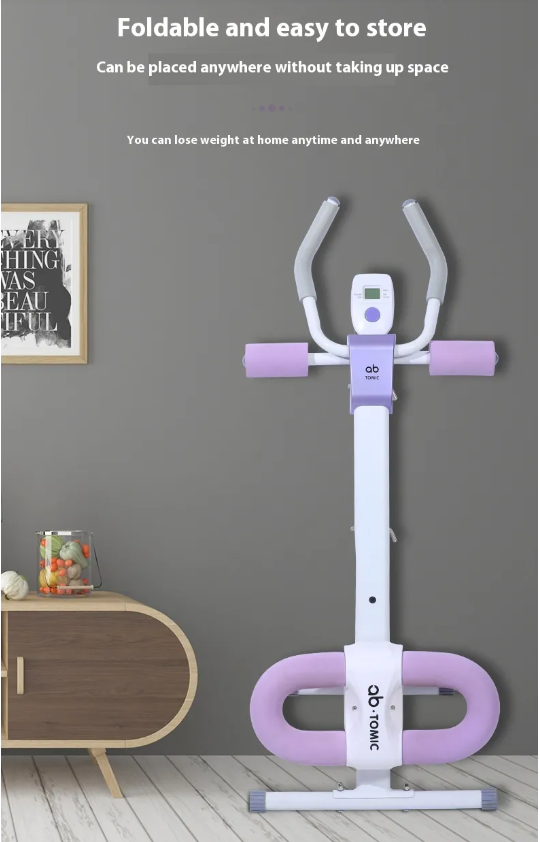 Appareil de gainage abdominal pliable : cadre blanc, coussins violet et poignée en U