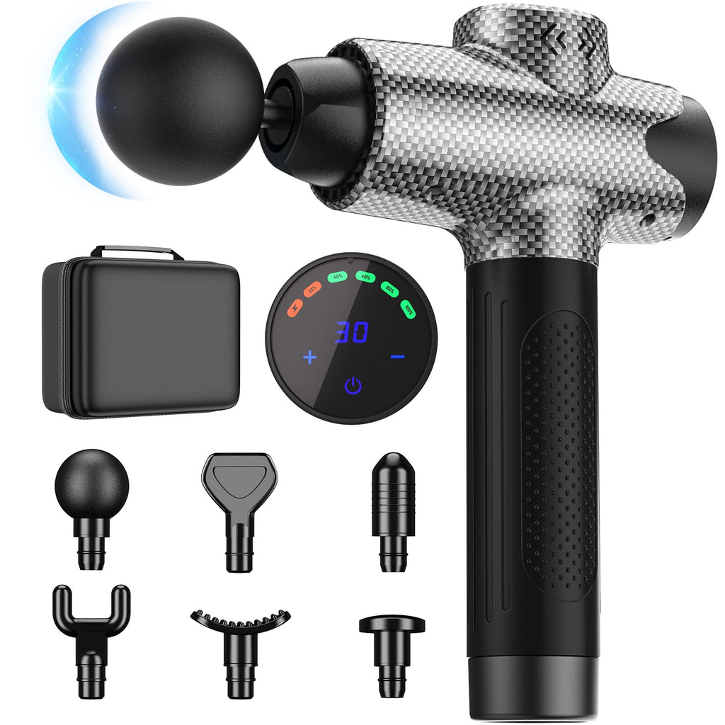 Massageur musculaire Silent Pro avec écran LCD indiquant 30 et plusieurs têtes