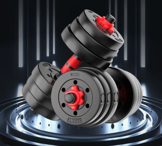 Haltères domestiques FlexiWeight avec disques noirs et prises rouges, en assemblage