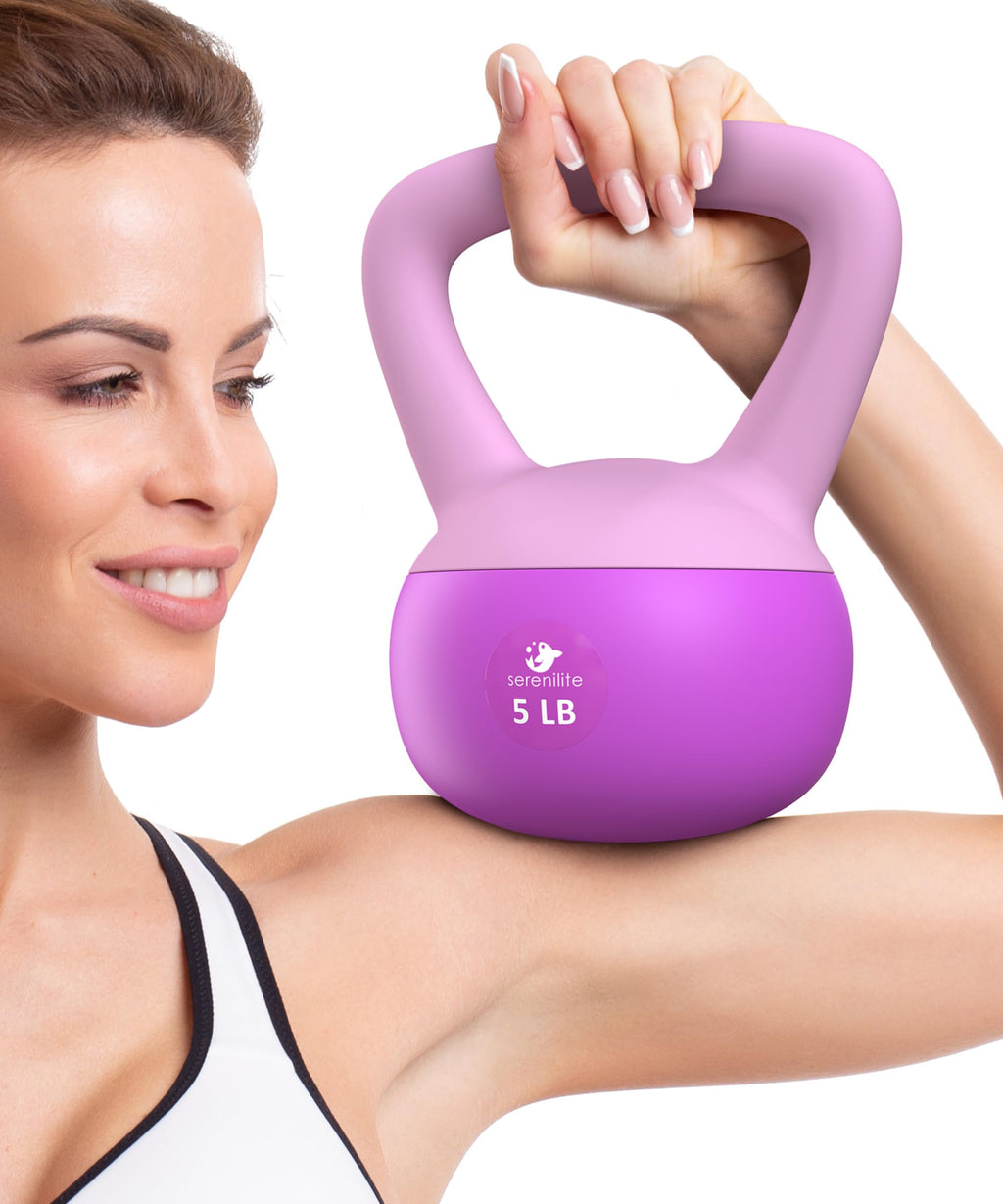 Poids kettlebell en vinyle violet 5 LB, prise antidérapante, logo au centre.