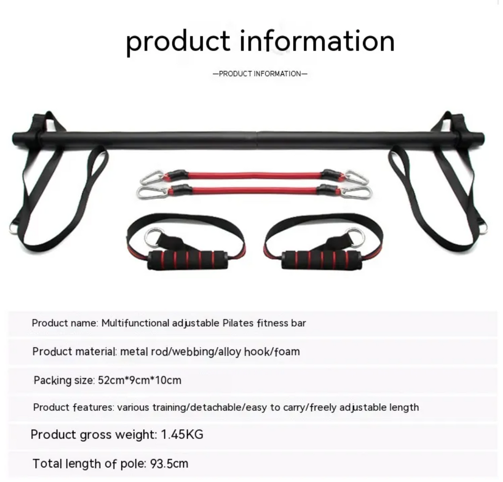 Barre de Pilates ajustable, élastiques rouges et sangles noires avec poignées à boucle