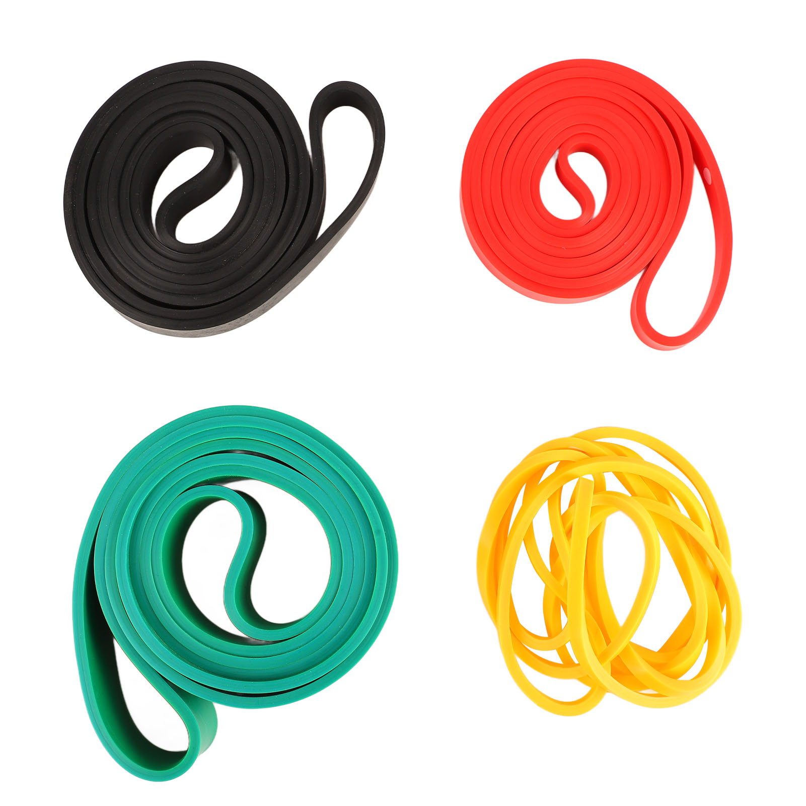Lot de 4 bandes élastiques fitness : noir, rouge, vert et jaune, bandes enroulées