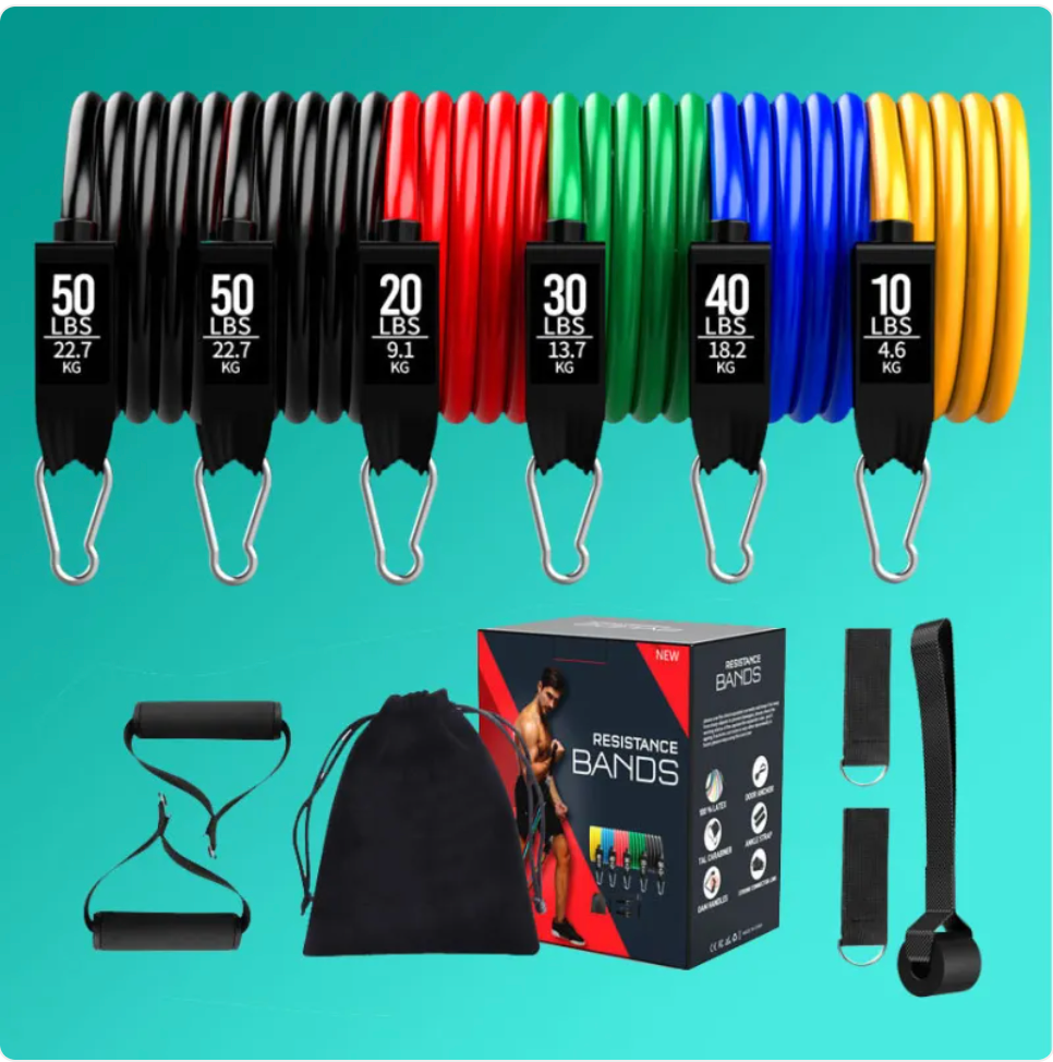 Kit de bandes de résistance avec barres noires, rouges, vertes, bleues et jaunes, étiquetées.