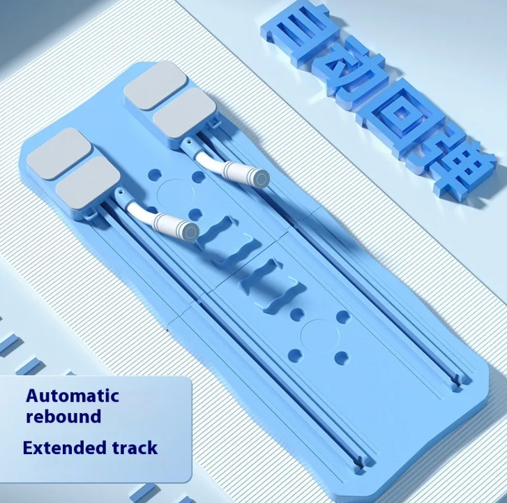 Rouleau d’abdominaux bleu, vue rapprochée des poignées et des rails avec pastilles de grip