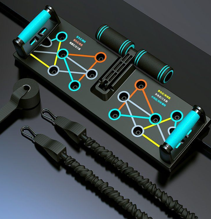 Plateau de pompes noir avec poignées turquoise et deux bandes élastiques noires