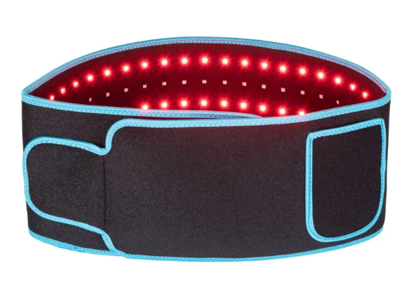 Ceinture infrarouge LED noire bordée de bleu, LEDs rouges allumées à l’intérieur.