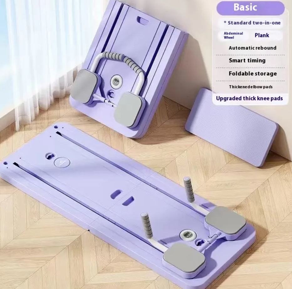 Planche abdominale lilas repliable avec pédales grises et supports de traction.