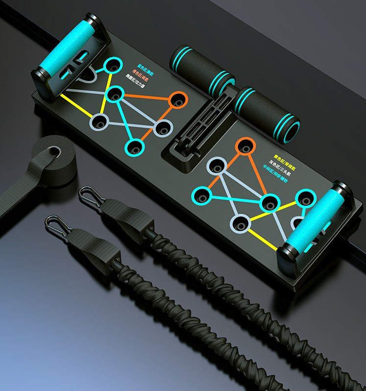 Plateau de pompes noir avec poignées turquoise et deux bandes élastiques noires