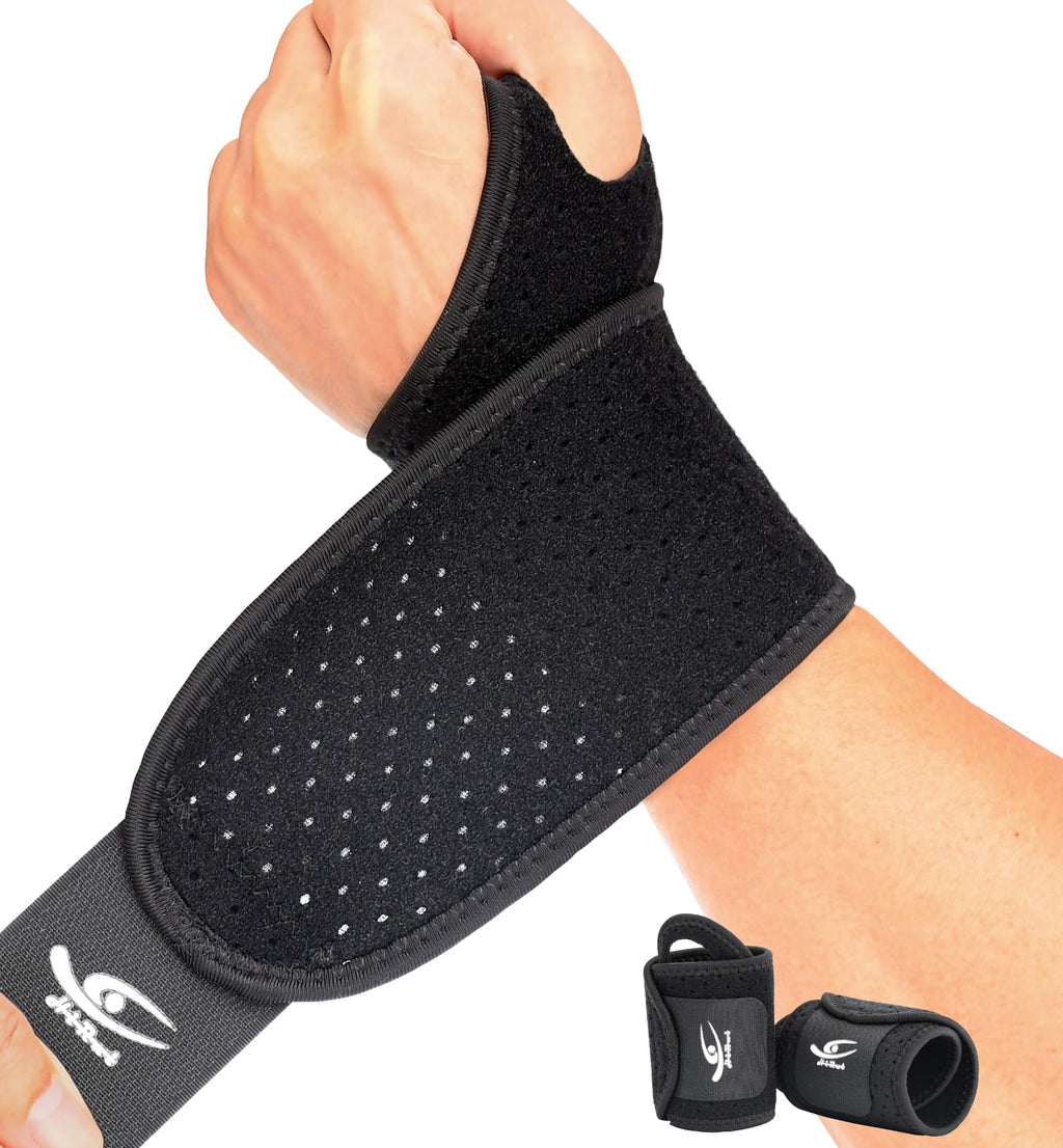 Attelle de poignet noire réglable en tissu respirant, sangle et bord renforcé.
