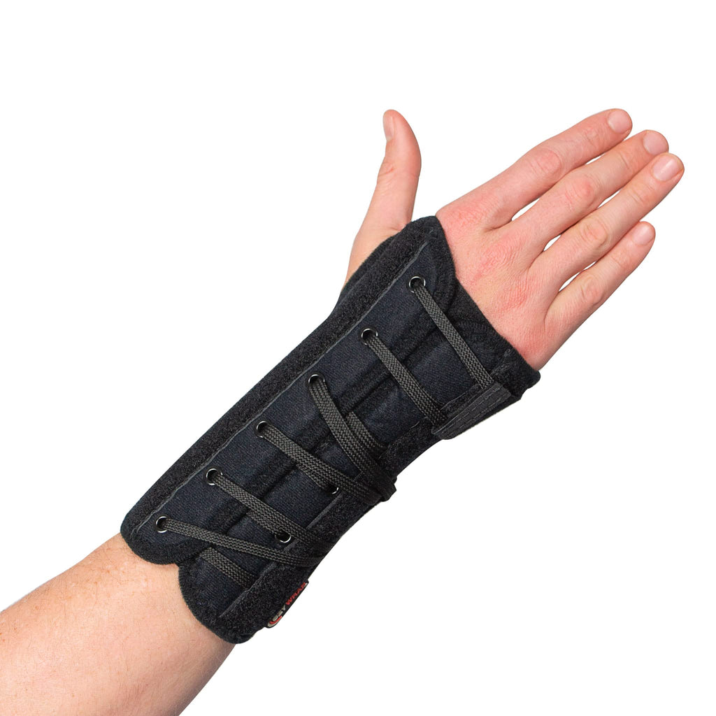 Support de poignet avec sangles et œillets, tissu sombre, côté droit