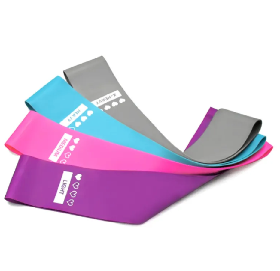 Lot de bandes de résistance en boucles, rose, violet, bleu et grises.