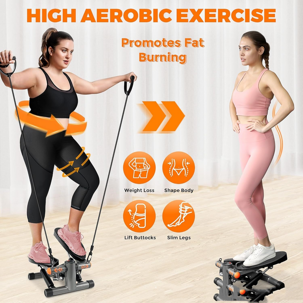 Stepper noir avec bandes élastiques, utilisé en exercice cardio par deux femmes