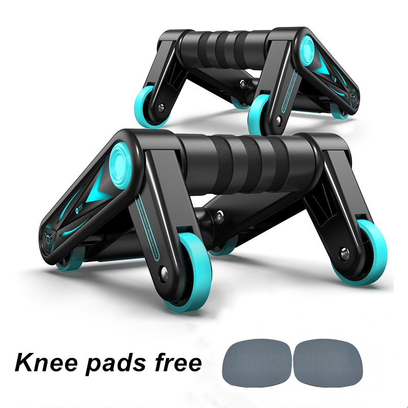 Rouleau de gainage noir et turquoise avec coussins de genou et roues antidérapantes.