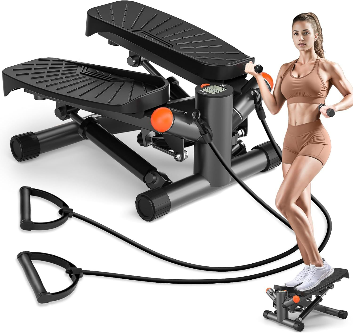 Stepper noir perforé avec cordes élastiques et plateaux, utilisé par une femme