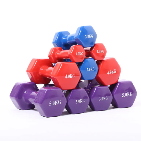 Pile d’haltères hexagonales colorées, poids 1.0KG à 5.0KG visibles