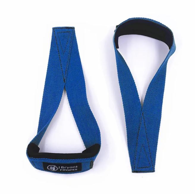 Sangles de fitness à renfort, bleues, vues côte à côte, boucle noire et logo.