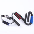 Barres de pompes Strength Pro, poignées noires et bleue, bandes rouges, acier chromé
