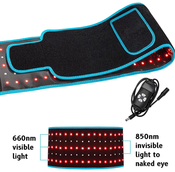 Ceinture de thérapie LED infrarouge noire à liseré bleu, bandeau rectangulaire en haut
