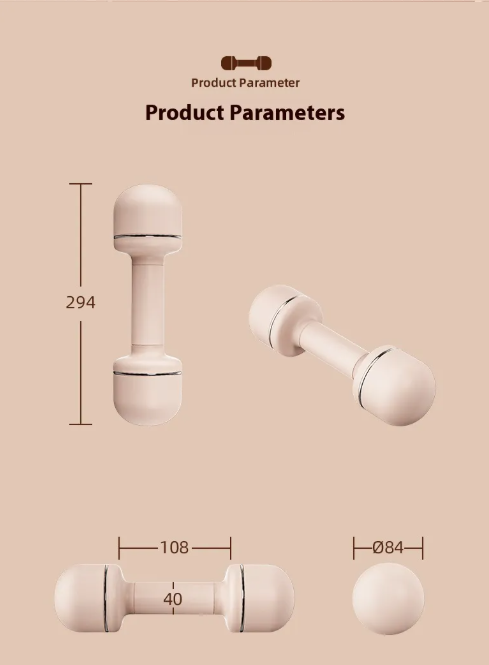Haltère réglable FlexiGrip en vue dimensionnelle, modèle champagne clair, forme cylindrique.