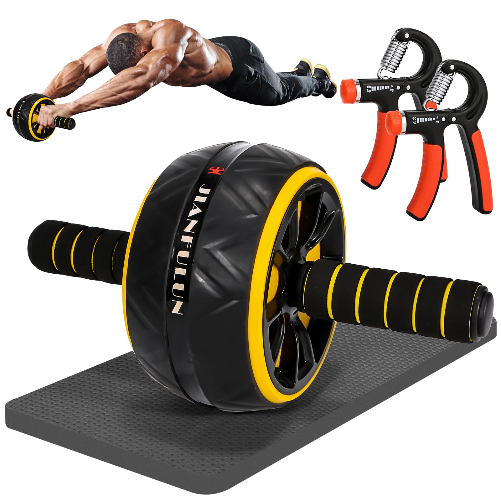 Roue d’abdominaux CoreFlex noire à bord jaune, deux poignées avec poignées noires.