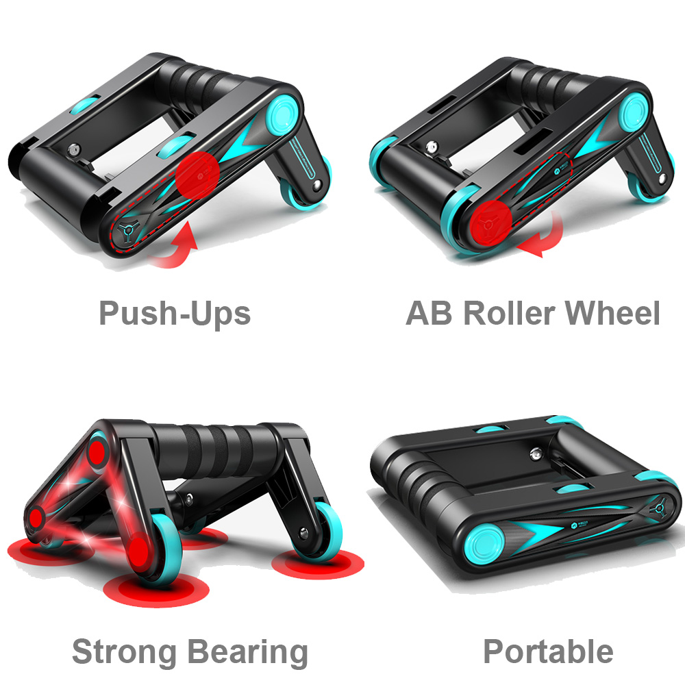 Rouleau de gainage noir turquoise avec roues rouges et poignées antidérapantes.