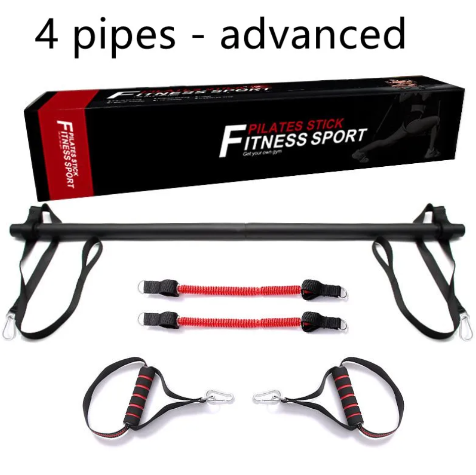 Barre de Pilates avec élastiques, version 4 tubes, sangles noires et poignées à boucle