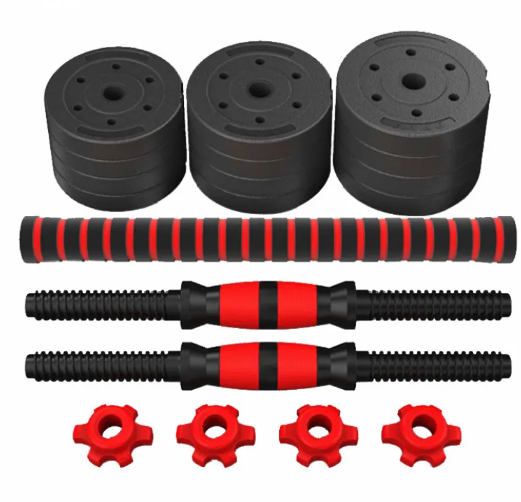 Haltères domestiques FlexiWeight noir et rouge avec disques empilés, deux barres et 4 colliers