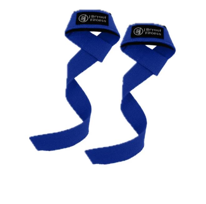 Sangles de fitness antidérapantes bleues, paire avec sangle tressée et étiquette.
