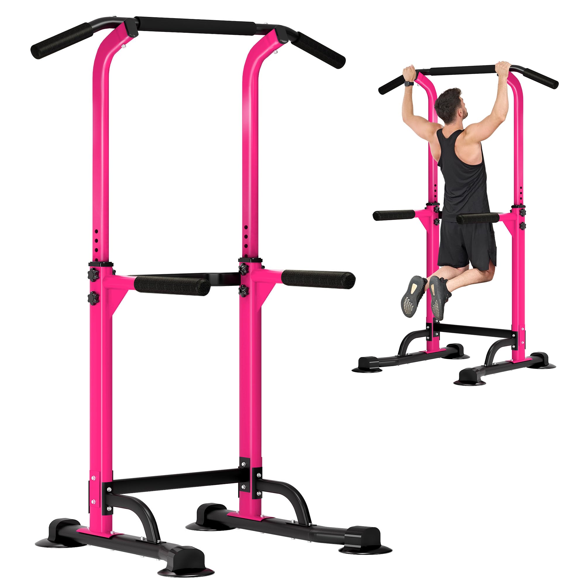 Station power tower rose avec barre de traction noire et repose-pieds, multi-exercices