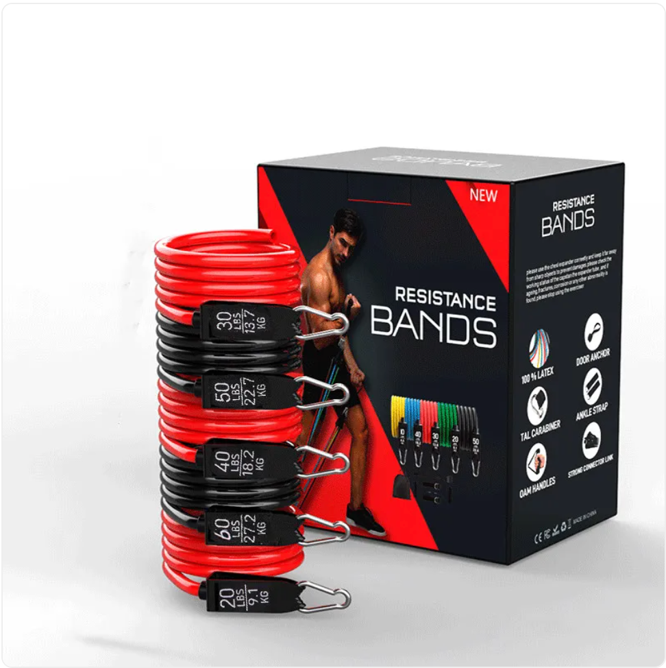 Kit de bandes de résistance en latex, bandes empilées rouges avec poignées et accessoires.