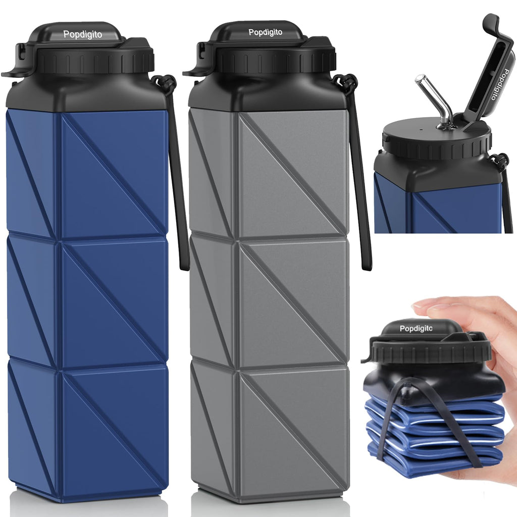 Lot de 2 bouteilles pliables: bleue et grise, bouchon noir et bec