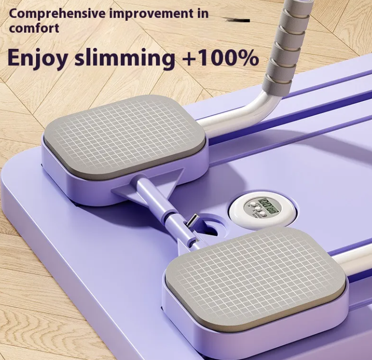 Planche d’abdominaux violette avec pédales à grille antidérapantes et pédale centrale