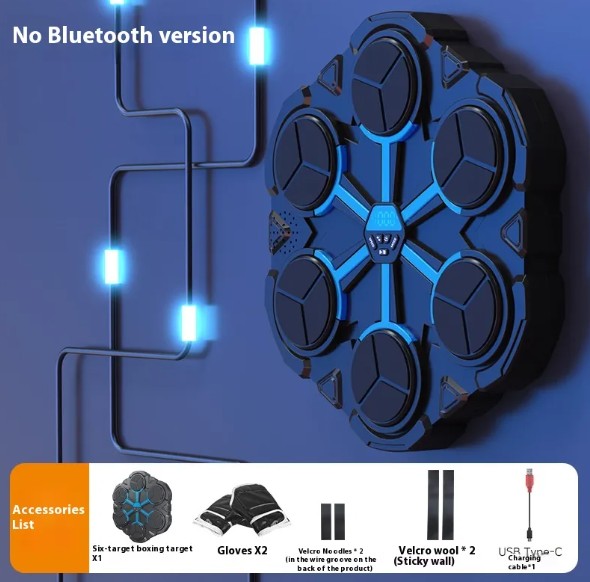 Machine de boxe cible circulaire noire avec emplacements pour coups et touches bleues.