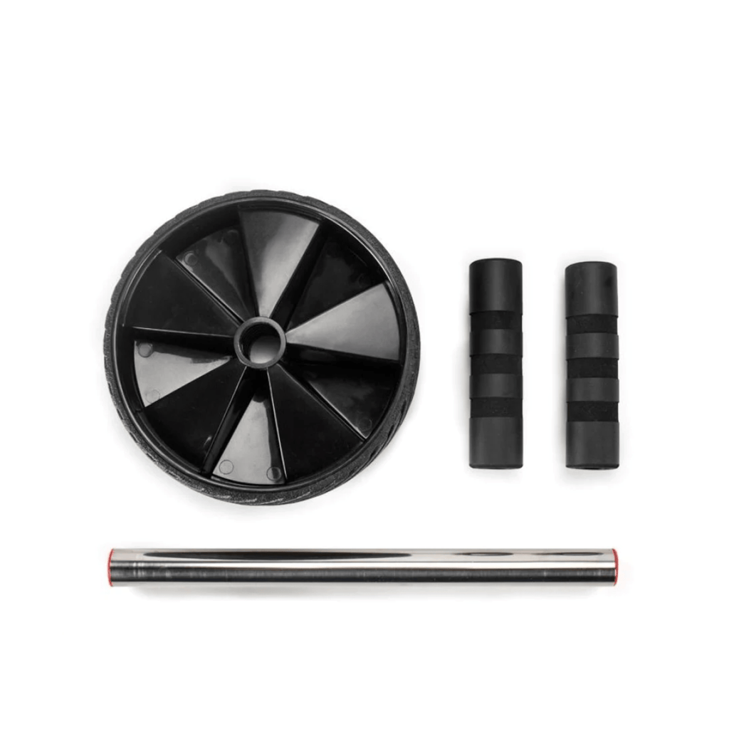 Kit de roue d’abdominaux : roue noire, barre métallique et deux poignées