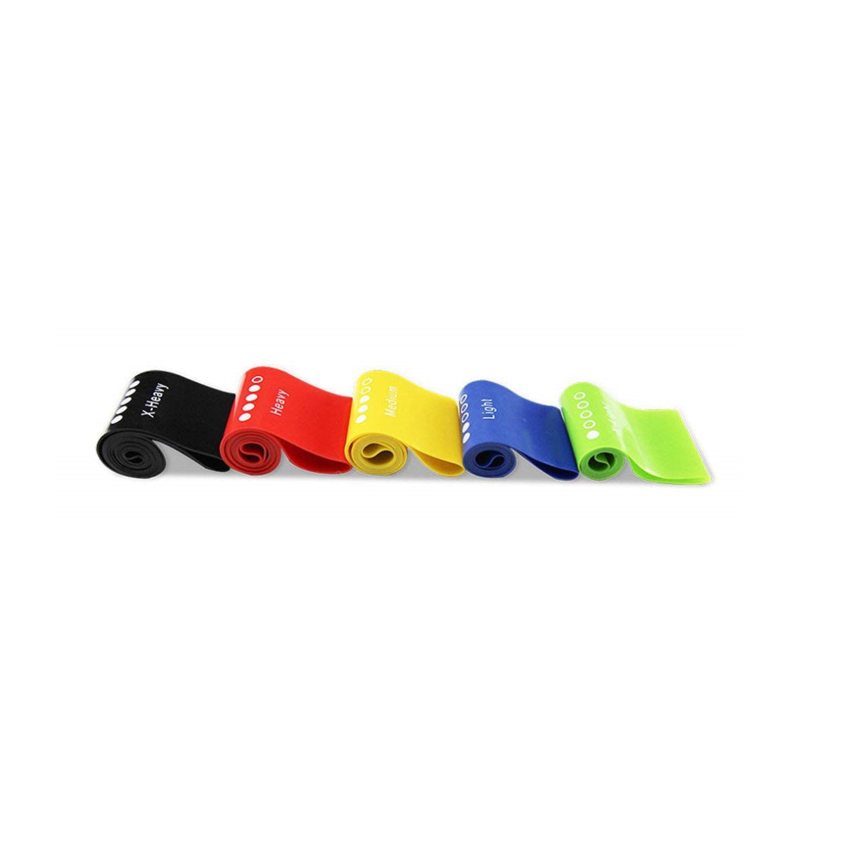 Bandes d’entraînement en latex roulées noir, rouge, jaune, bleu et vert.