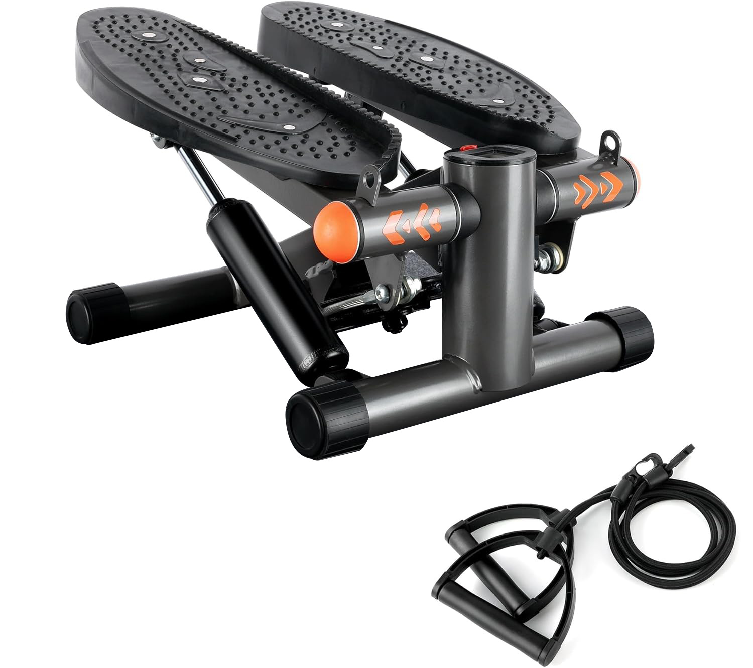 Stepper avec plateaux noirs perforés, barres de maintien et bandes d’exercices
