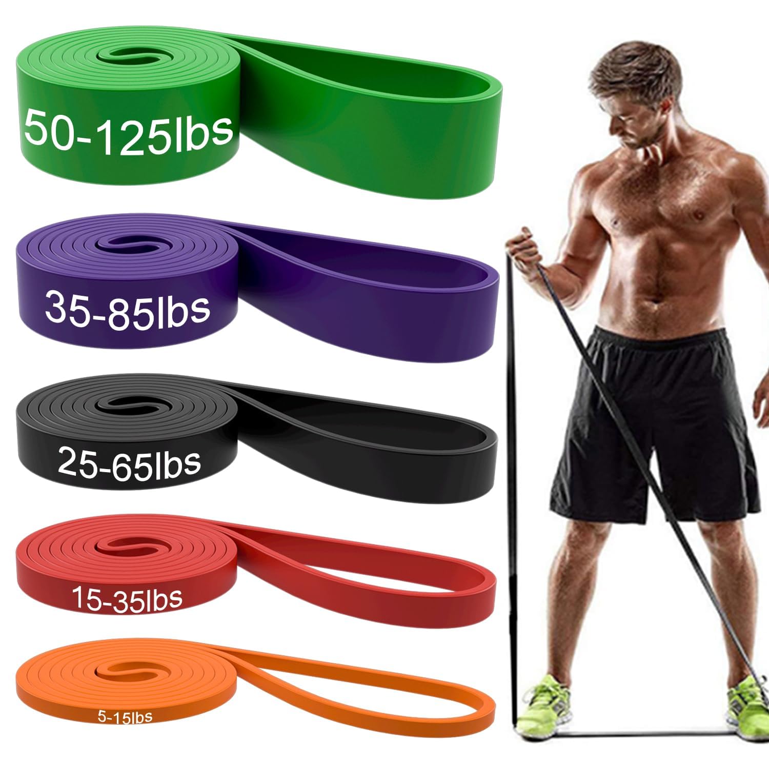 Bandes de résistance multicolores pour fitness, lot de 5, marquées 5 à 125 lb