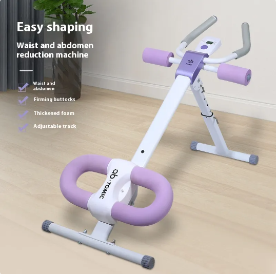 Appareil de gainage abdominal : cadre blanc, coussins violet, poignée en U et repose-pieds