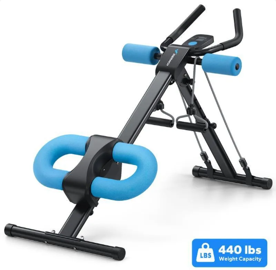 Appareil de gainage abdos à rouleaux en mousse bleue sur cadre noir