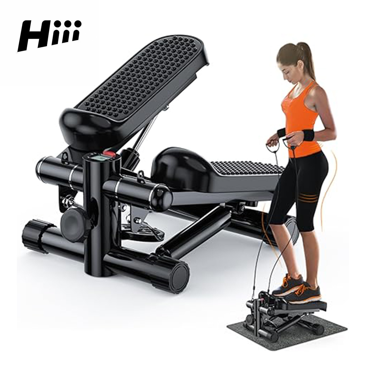 Stepper de fitness avec plateforme antidérapante et bras de résistance, noir