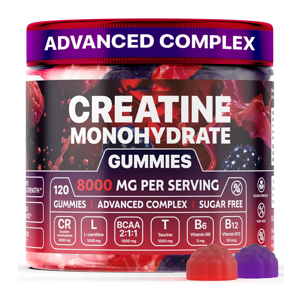 Bocal de gommes à la créatine monohydrate, couvercle violet, étiquette Advanced Complex