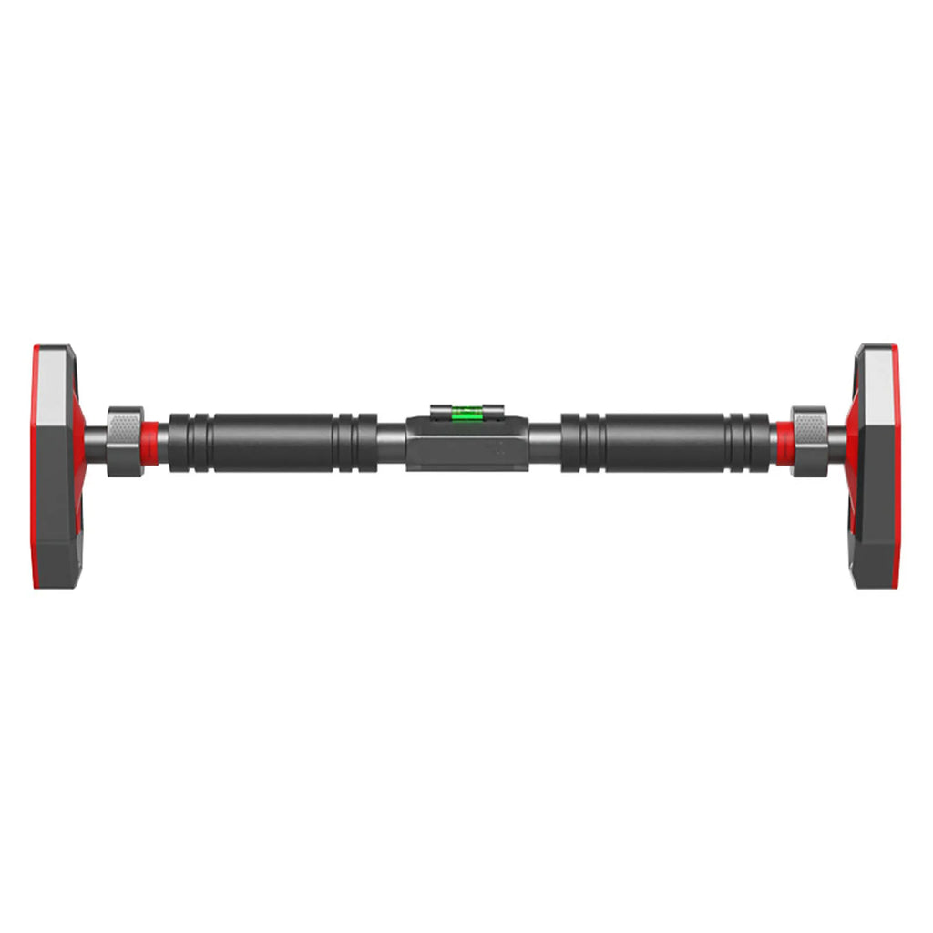 Barre de traction pour home gym avec barre noire, poignées rouges et patins latéraux