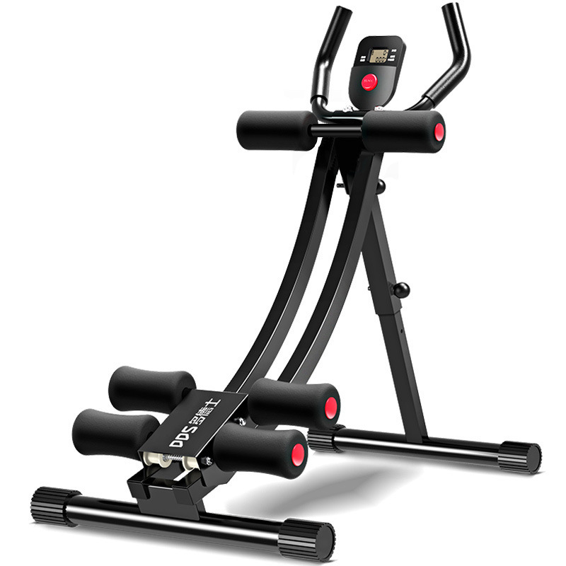Machine d’abdos noire avec console centrale et rouleaux de soutien