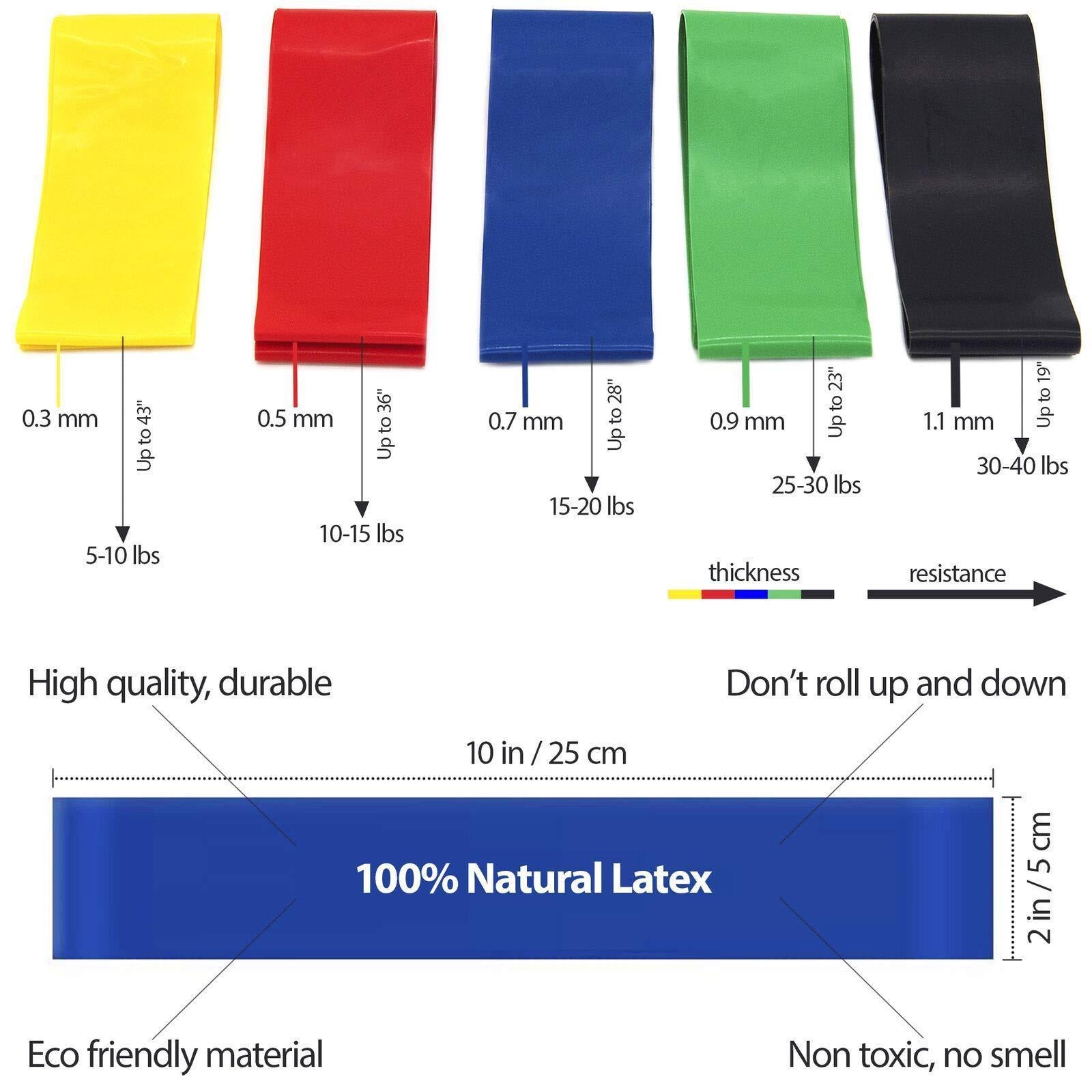 Jeu de 5 bandes de résistance en boucle en latex naturel, couleurs jaune à noir