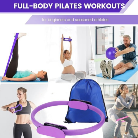 Lot d’accessoires de yoga et pilates: anneau violet, ballon, bandes et sac bleu
