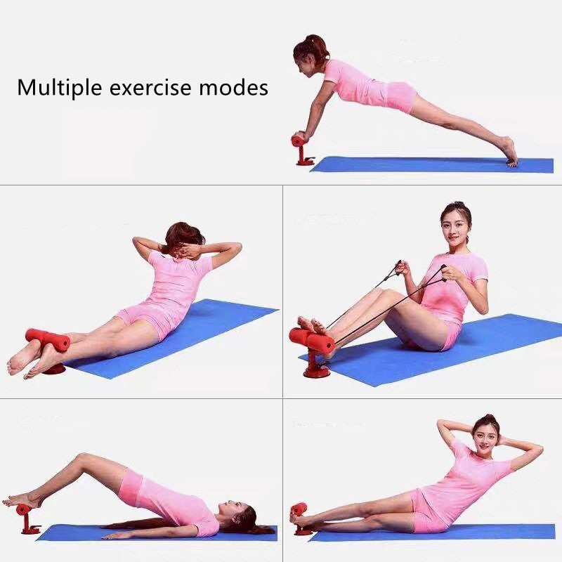 Appareil d’abdominaux à ventouse sur tapis bleu, en position d’exercice